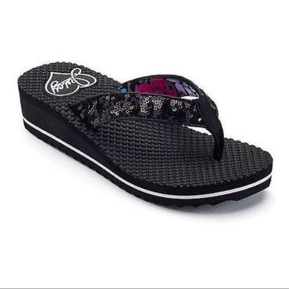 Juicy Couture Shoes - Juicy Couture Black Sequin Thong Wedge Sandals NWT